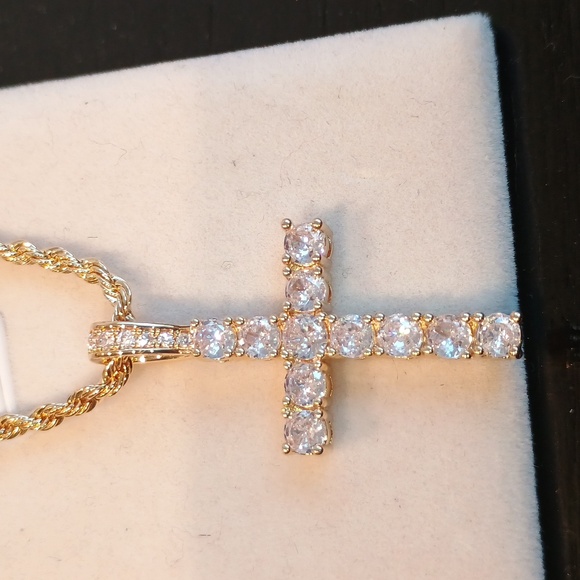 Fashion Jewelry Other - Cubic Zirconia Cross Pendant Necklace Gold Plate Stainless Steel